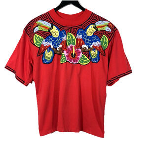 Red Galopago T Shirt Colorful Embroidered Floral Bird XL Extra Large Vintage